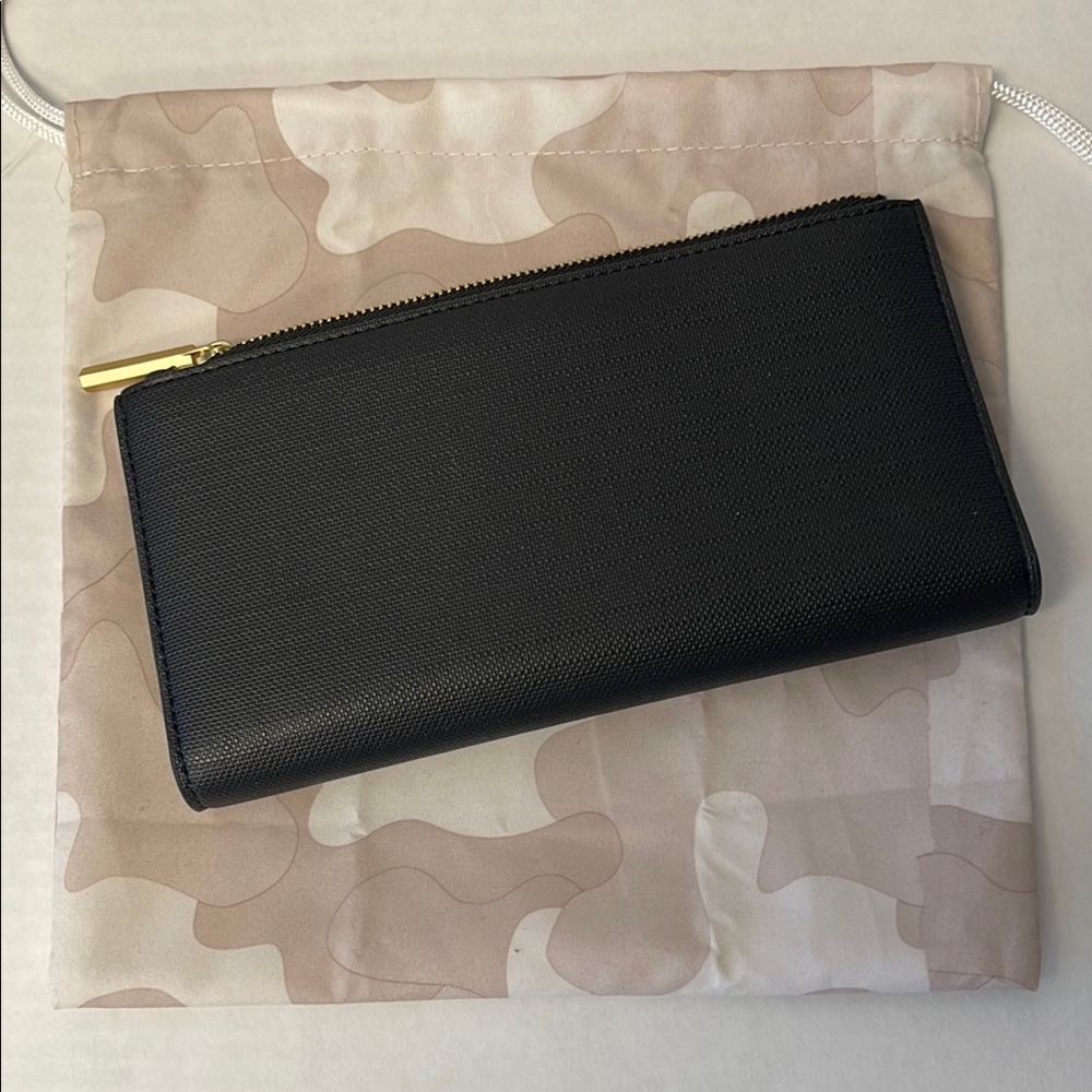 Dagne Dover Black Zip-Around Leather Wallet with Gold Hardware